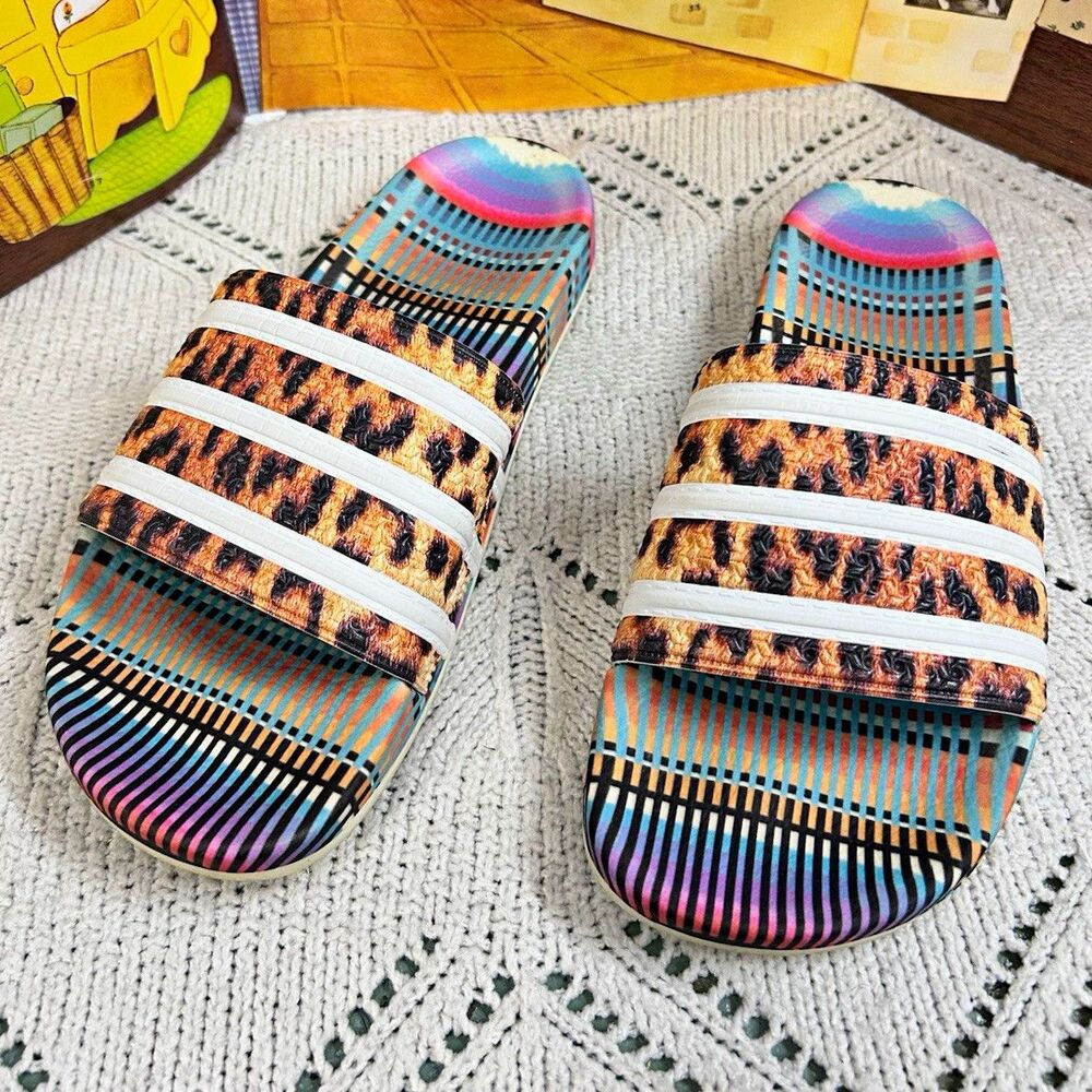 Adidas Originals Adilette Womens 9 Multicolor Pride Leopard Print Slides CM0223